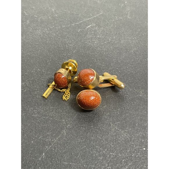Vintage Goldstone Cufflinks & Tie Tack Set Gold Tone - Picture 1 of 2